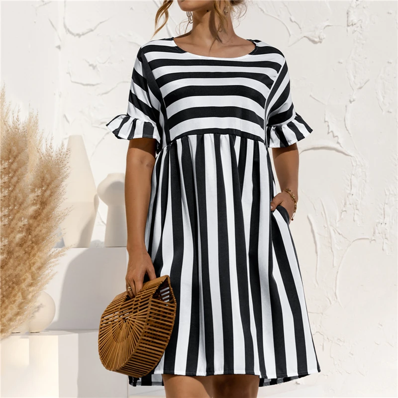 

Spring and Summer Pregnancy Dress Ruffled Short-sleeved Striped Maternity Clothes Pocket Loose Casual Dress S-XL