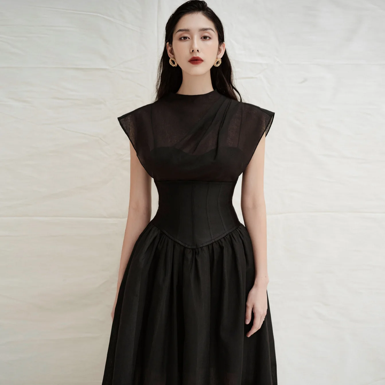 

Coigarsam Women Dress Office Lady Street Style Patchwork Solid Sleeveless Zipper High Waist O-Neck Folds Black Dresses