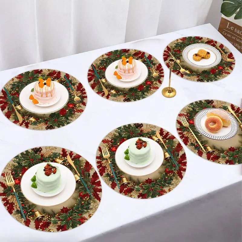 VIKAMA Retro Holly Bell Christmas Wreath Meal Mat Thermal Insulation Fabric Table Mat Holiday Family Dining Table Decoration