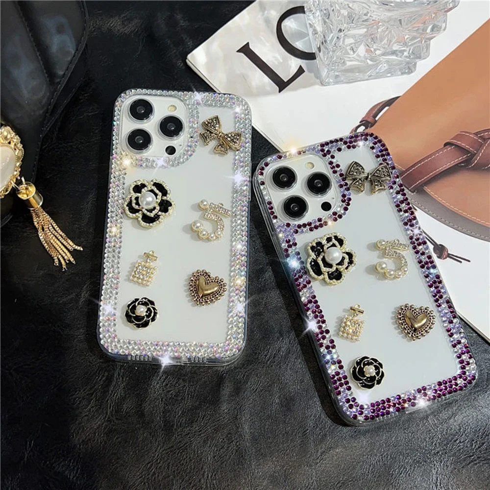 Glitter Splints Frame Camellia Case for iPhone 15 11 12 Pro Max 7 8 Plus 13 14, Luxury Hard Casing, Elegant