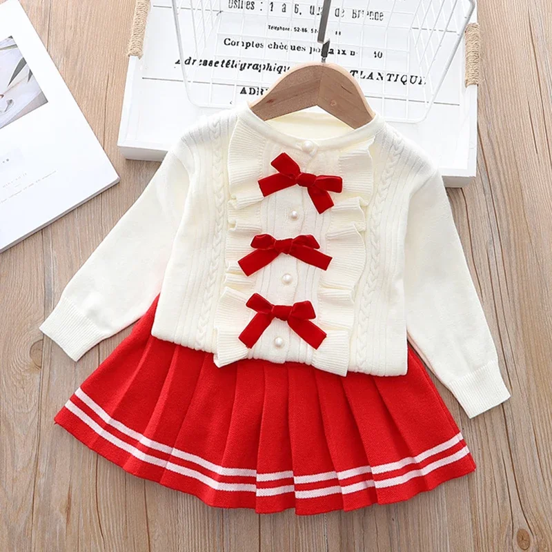 2025 New Autumn Winter Kids Knitted Clothing Suit 2-6Yrs Baby Girls Clothing Set Long Sleeved Knitted Pullover+Skirt