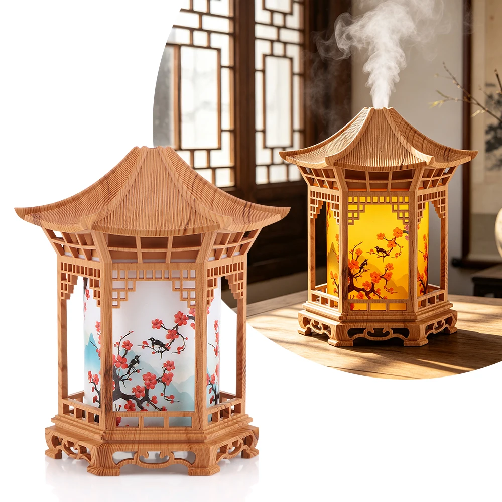 Mini Humidifier with Night Light, USB Cool Mist Ultrasonic Quiet for Bedroom Desk Office Car Decorative Pavilion Wood Grain