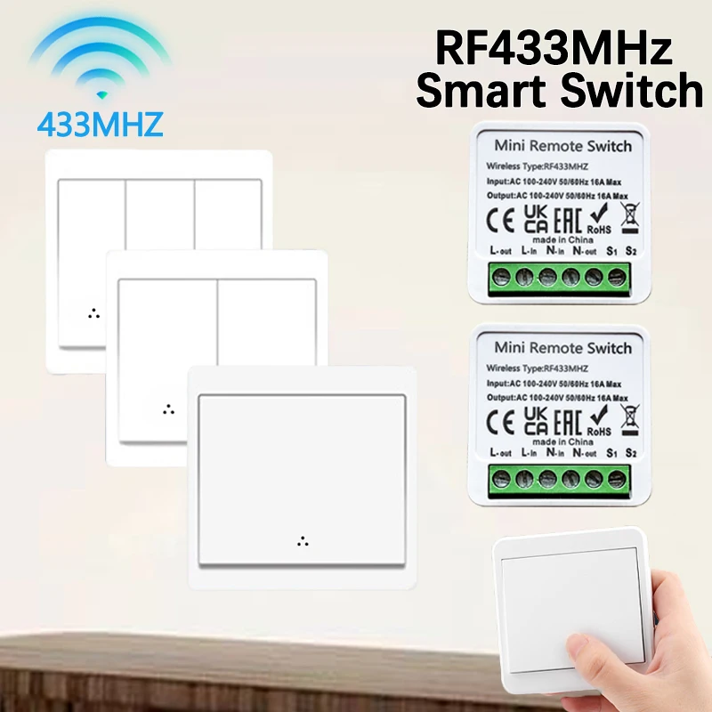 RF433MHz スマートワイヤレスリレースイッチモジュール 1/2/3 ギャング壁パネル & ミニラウンドボタン AC100–240V LED ライトスマートコントロール用