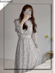 Chic Korean Clothes Design Autumn Spring Womens Long Sleeve O Neck Elegant Lady Floral Printed Retro Vintage Long Dress 00921