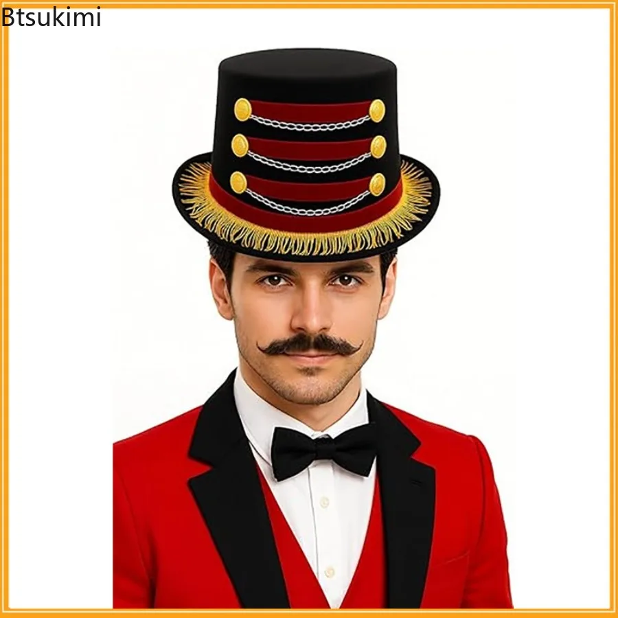Halloween Cosplay Costumes Red Black Circus Magicians Top Hat with Gold Fringe Buttons and Chains Carnival Burlesque Accessories - view 5