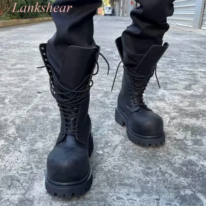 Modern Vintage Big Round Toe Height Increasing Boots Men's Lace-Up Street Style Mid-Calf Boot Platform Motorcycle Boots Cool Boy