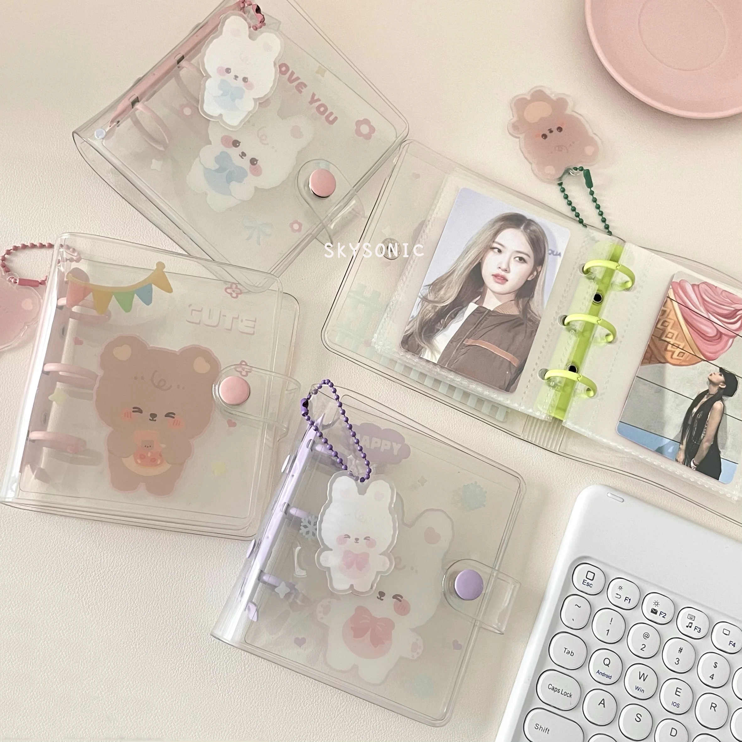 SKYSONIC Full Set Binder Photo Albums 20pcs Refill Bags 2 Pockets Ring Notebook Planner Kawaii Bear Rabbit Mini Collect Book