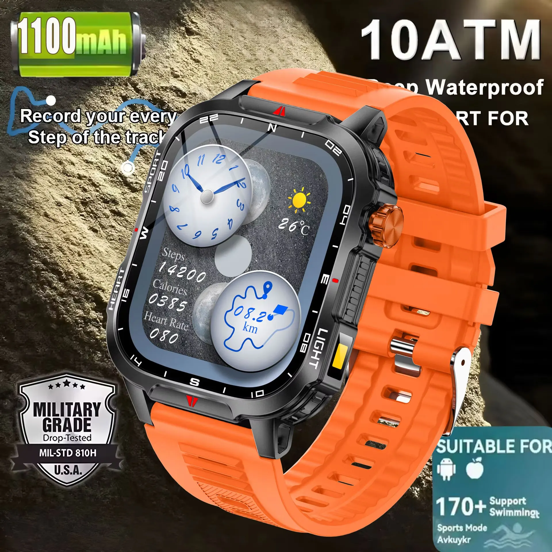 

Мужские умные часы большого размера, наружное военное освещение, аккумулятор 1100 мАч, GPS, фитнес-трекер, умные часы с пульсометром, водонепроницаемые и 10 АТМ