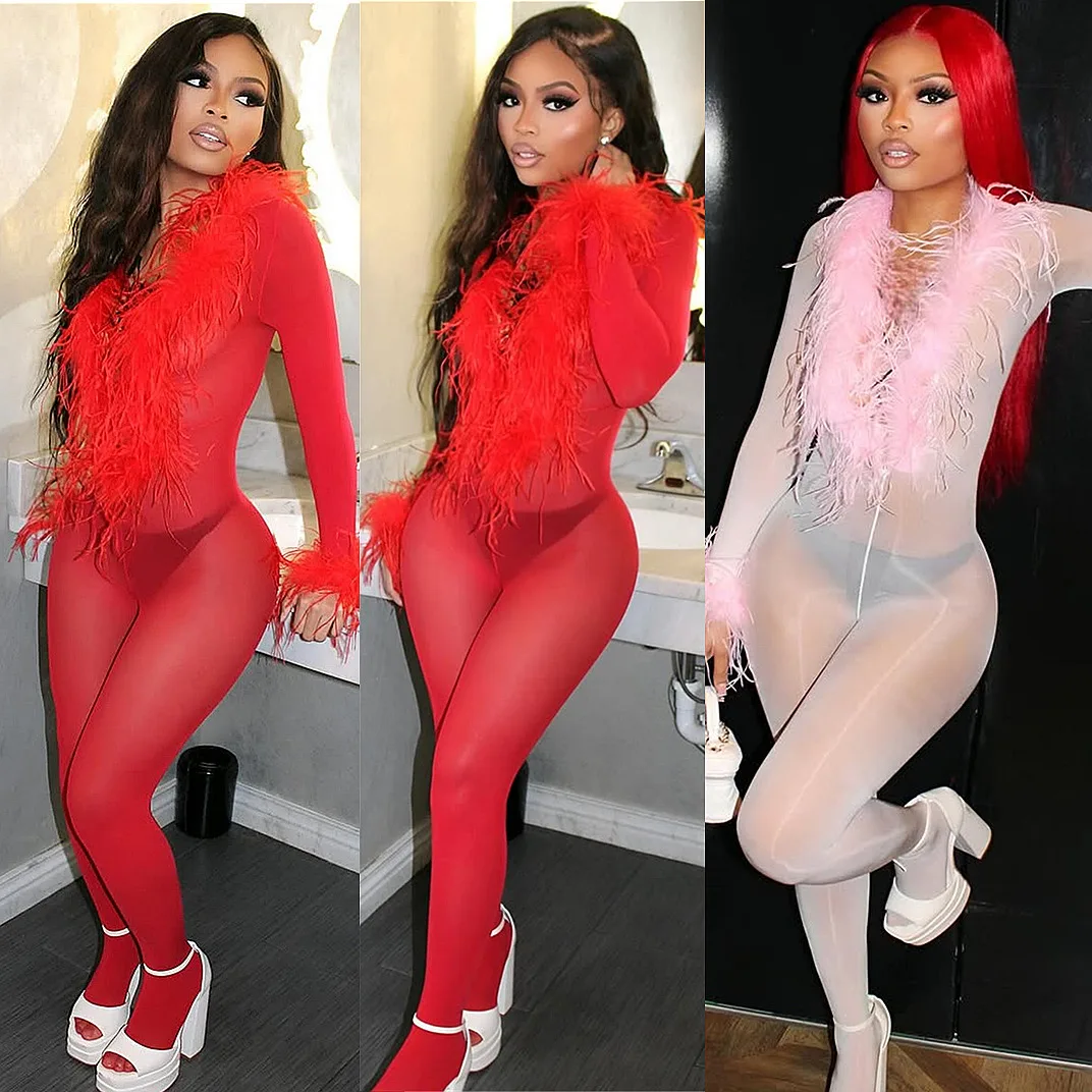 FAGADOER Sexy Fur Patchwork Bodycon Jumpsuit Women See Through Deep V-neck Long Sleeve Rompers Female Streetwear Overalls New