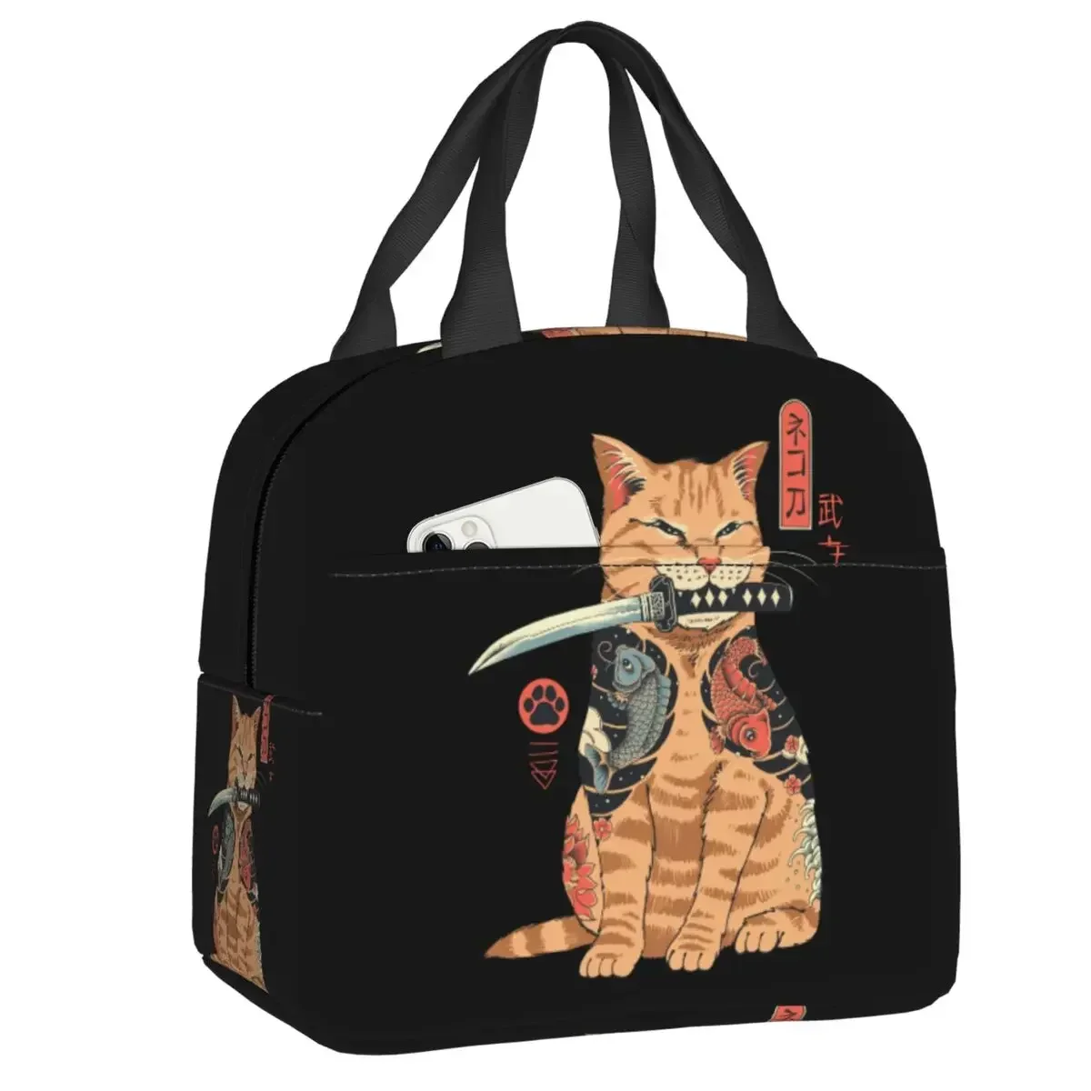 Neko Samurai Cat Portable Lunch Box Women Japanese Feline Cooler Thermal Food Insulated Lunch Bag School Children Food Bag