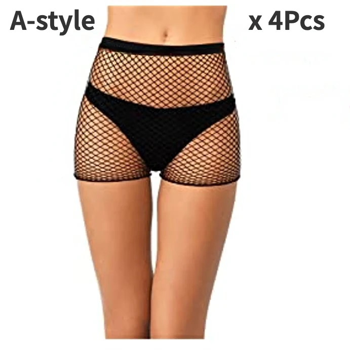 4Pcs Fishnet Shorts Pantyhose Fishnet Biker Short High Waisted Tights See Through Elastic Mesh Shorts for Women Girls