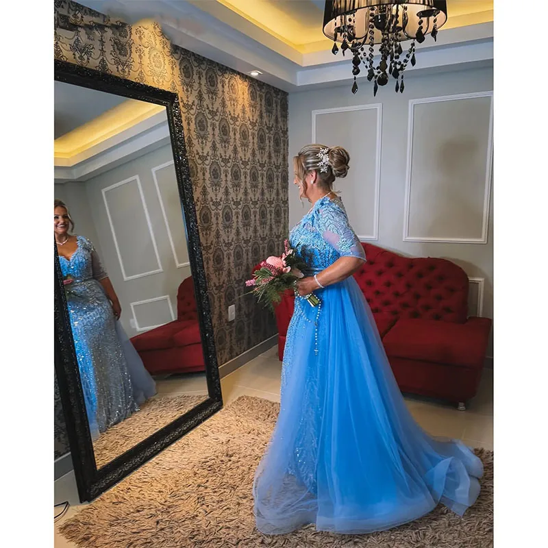 Vestido de sirena azul cielo para madre de la novia, traje de encaje con cuentas para noche, graduación, fiesta Formal, cumpleaños, celebridad, madre del novio