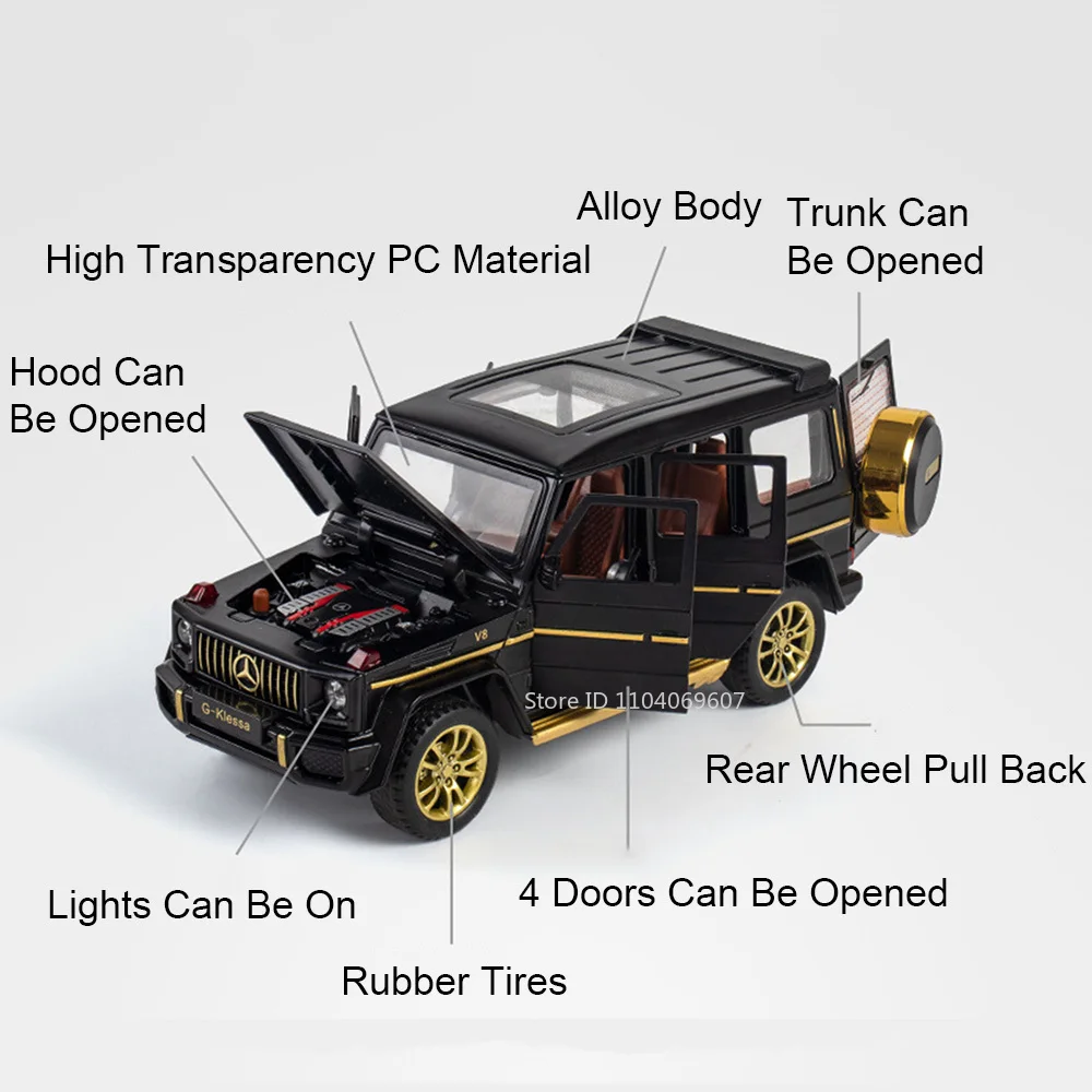 1:32 G63 modelo en miniatura de coches de juguete, aleación de sonido fundido a presión, luz, 6 puertas, neumáticos de goma abiertos, vehículos de simulación, regalos para niños