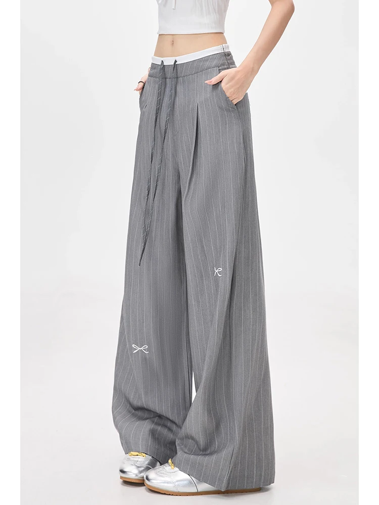 Y2K Harajuku Pants Japanese Streetwear Bow Print Stripe Suit Wide Leg Trousers High Waisted Loose Fit Lace Up Casual
