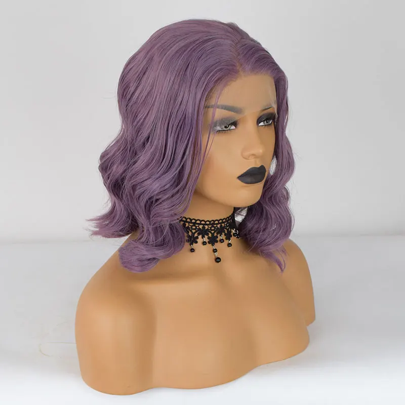 Perruque Lace Front Wig synthétique courte ondulée violette, cheveux en fibre, µ, haute qualité, degré de chaleur, raie latérale, pour femmes noires