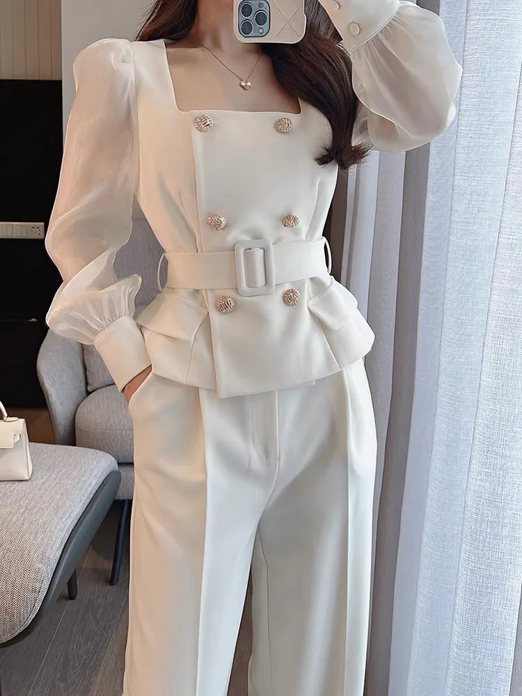 Autumn Fashion Elegant Women Casual Pantsuit Mesh Long Sleeve Shirts Tops and Pants 2 Pieces Set Office Ladies Trousers Suit