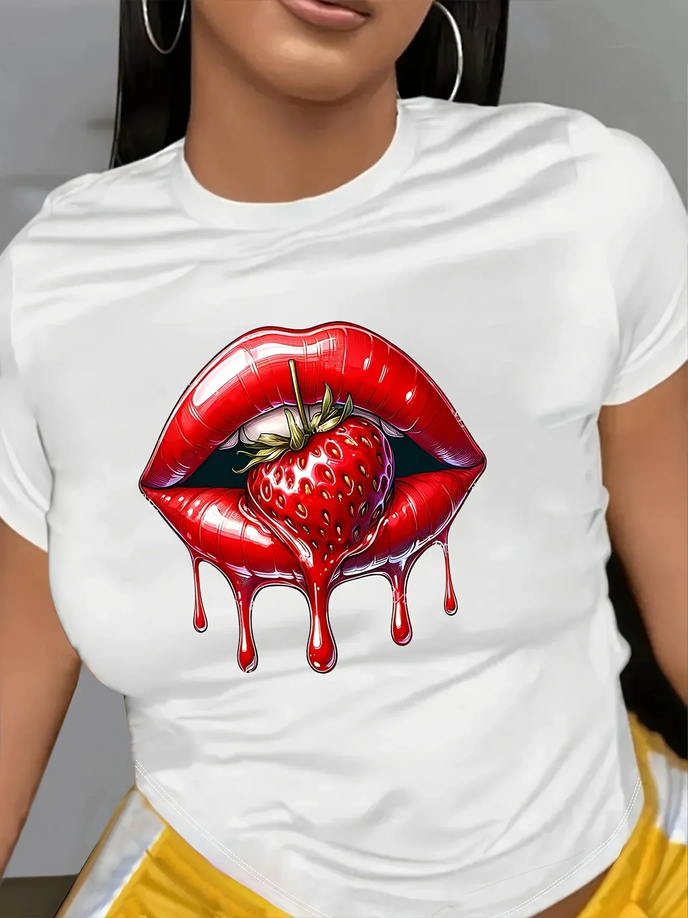 Women's Children's Casual Cartoon T-shirt with Vibrant Orange Graphics and a Red-lipped Strawberry Print