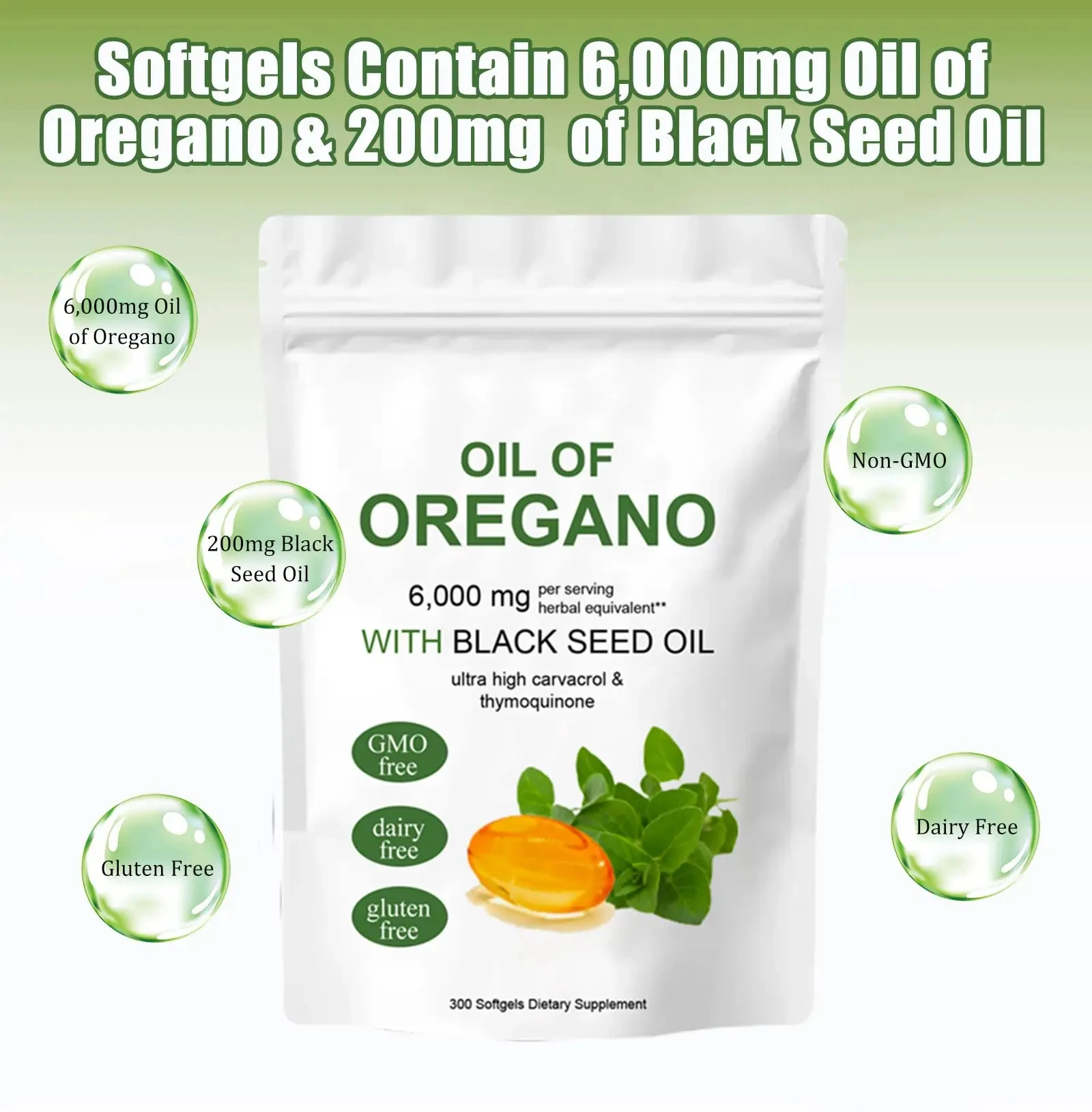 Oil of Oregano Softgels 2 in 1 6000mg Non-GMO Gluten Free 300 Capsule Oregano Oil Supplement Capsules with Black Seed Oil 200mg