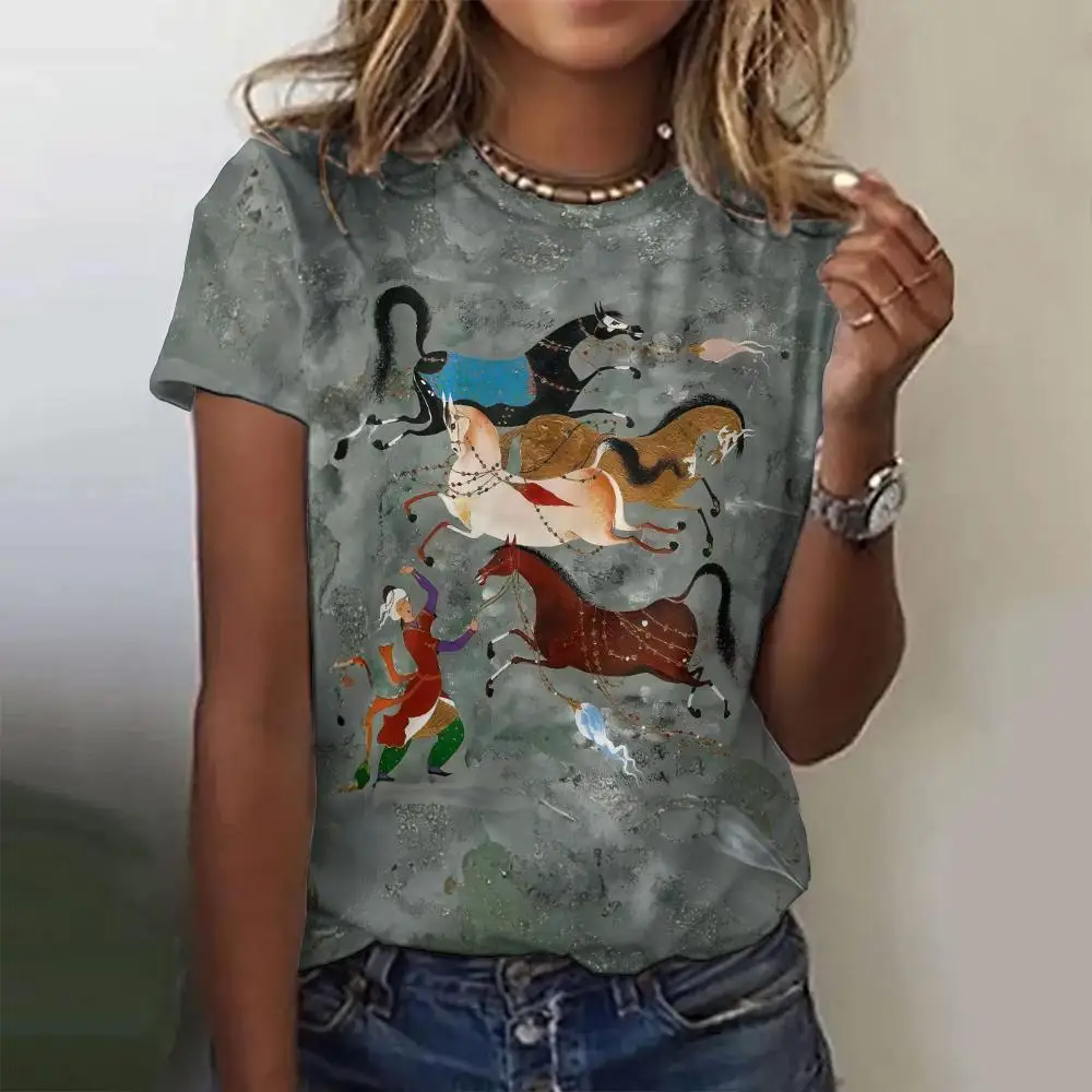 

3D Cartoon Animals Print Horse Pattern Short Sleeves Tees Fashion Women's T-shirts Y2k Streetwear Casual Loose Women Clothing