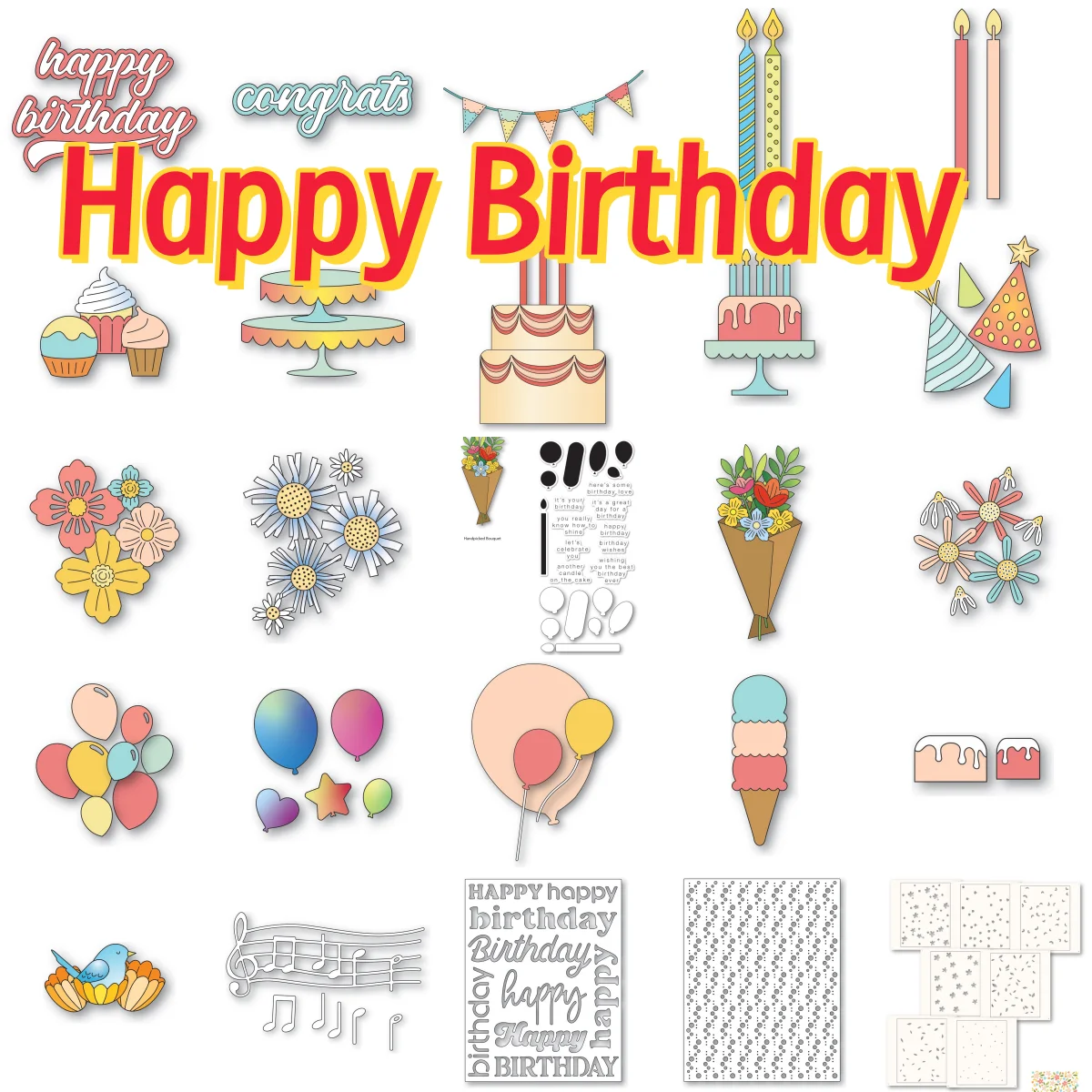 

Balloon Celebrate Birthday Love Flowers Cake Metal Cutting Dies Clear Stamps Stencil DIY Scrapbook Diary Decoration Embossing