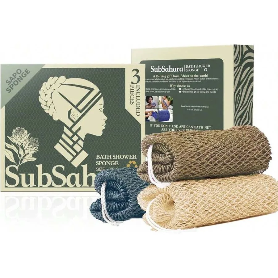 

SubSahara Authentic African Net Sponge - 3 Pack Exfoliating Bath andAmp; Shower Loofah Sponge For Body andAmp; Face, Gentle Scr