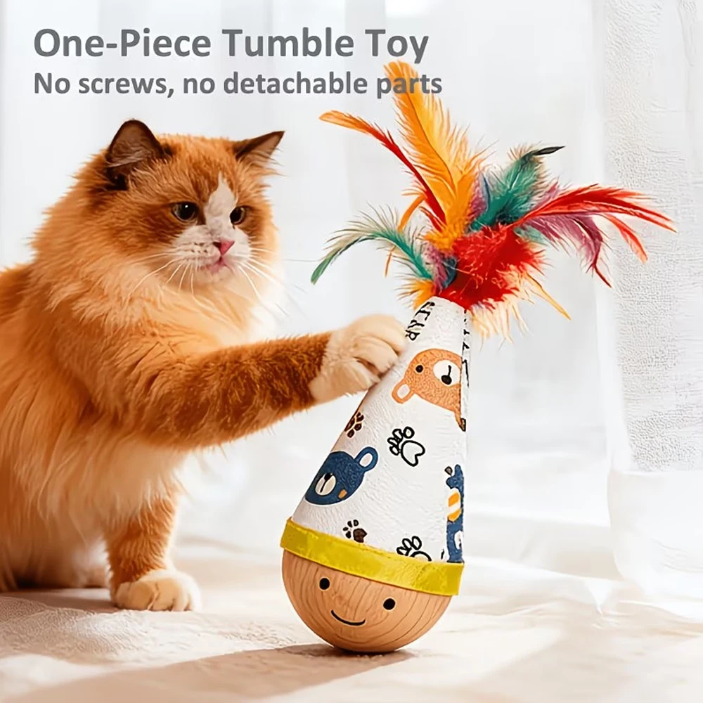 Roly-Poly Cat Toy with Brightly Colored Artificial Feathers, a Self-Entertainment Gadget to Relieve Boredom, a Toy for Kittens to Expend Energy, Durable Cat Supplies, Christmas Pet Gift Some Styles Come in Random Colors.