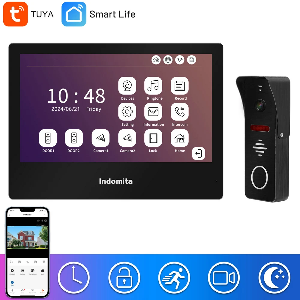 Indomita Tuya Smart Home WiFi Intercom System,Outdoor Video Doorbell Camera 1080P Wired,10 Inch Touch Screen,Talk,Record,Unlock