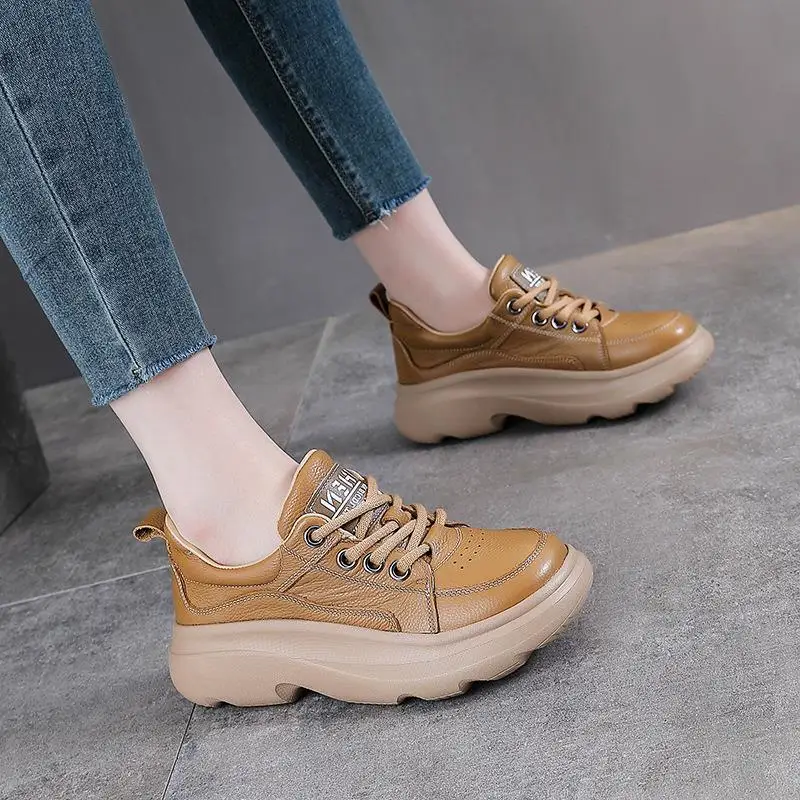 

Casual Thick Bottom Leather Shoes Women's Sport Shoes First Layer Cowhide Platform Shoes Comfortable Flat Heel Rubber Sole