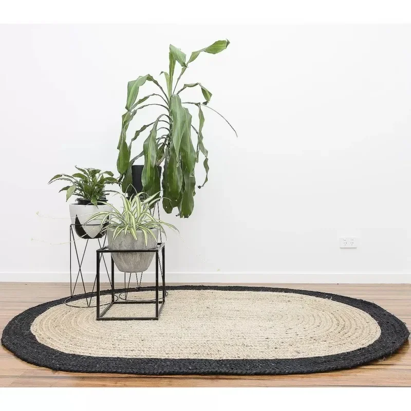 

Braided Black Border Oval Rug 100% Natural Jute Reversible Carpet Modern Living Rustic Look Rug