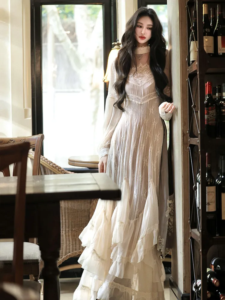 Vestido Maxi de Fiesta para Mujer, Estilo Romántico Francés, con Encaje y Volantes en Capas, Manga Larga, Corte en A, Ideal para Damas de Honor o Invitadas de Boda
