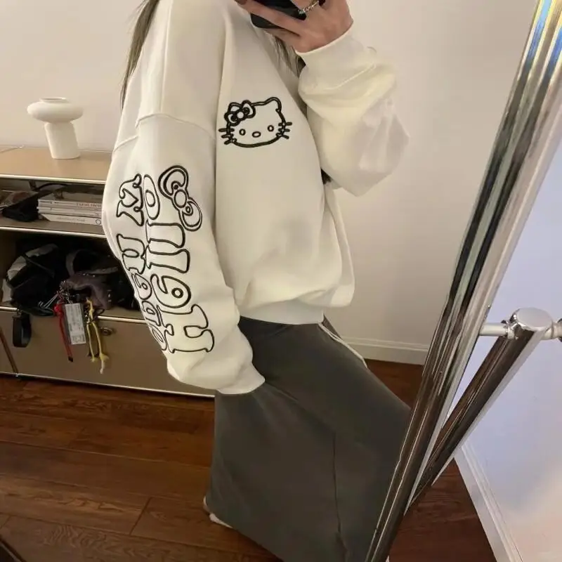 Felpa con cappuccio Sanrio nuova Felpa con cappuccio Hello Kitty stile dolce maniche lunghe larghe colletto tondo ragazza stampa felpa con cappuccio stile primavera e autunno