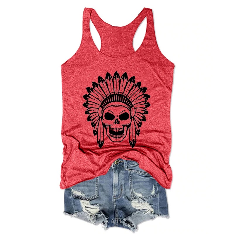 Skull Design Shirt Skull Bohemia Cute Tops Vintage Tank Top Indian Womens Tops Art Design Classic Clothing for Women L