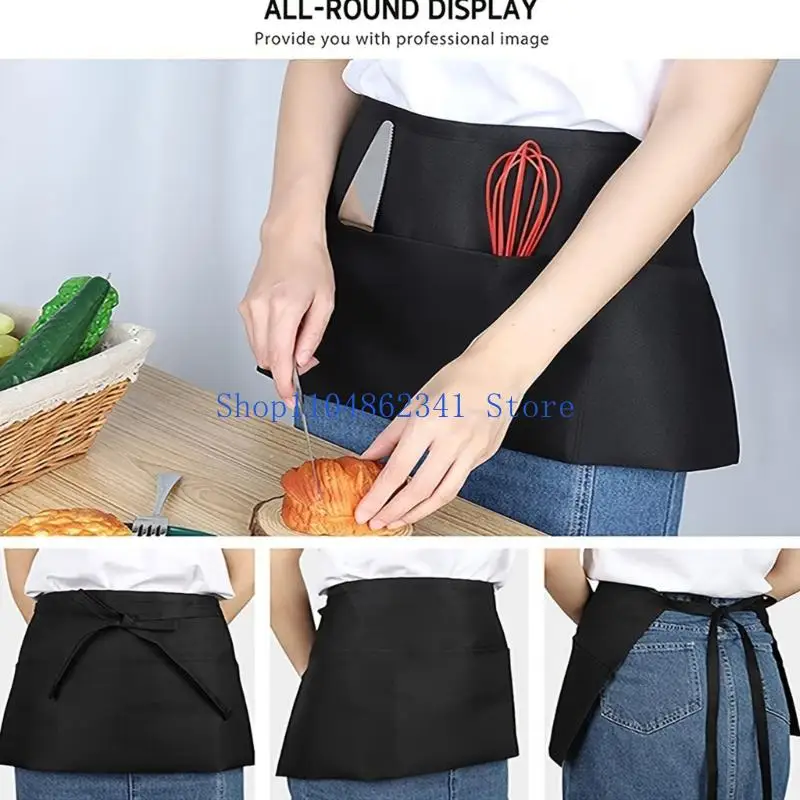 5asd Short Server Waitress Chefs Apron, Black Waist Aprons with 3 Pockets Half Apron for Waiter Cooking Dishwashing Cleaning