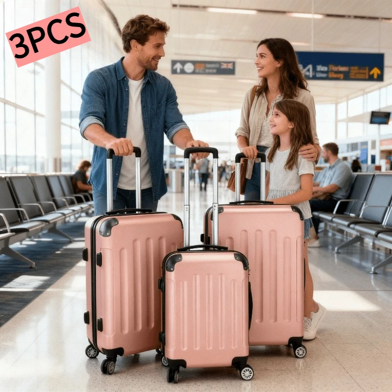 3pcs Rose Gold ABS Luggage Set, 20 Inch+24 Inch+28 inch Rotating Luggage with 360° Wheels and Password Lock, lightweight Women's Travel, Business Travel, Vacation and University Luggage, Stylish Carry