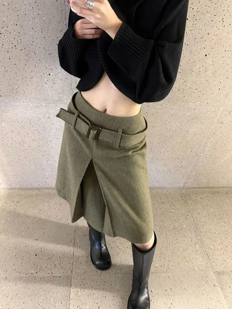 High Quality French Wool Herringbone Skirt Winter Elegant Casual A Line Harajuku Vintage Mid-length Women with Slit and Belt