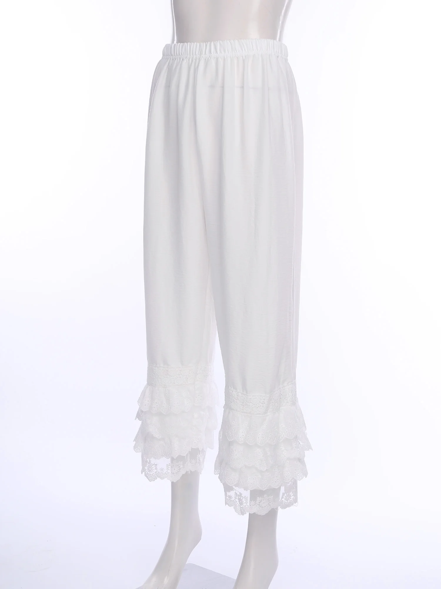 Women Lace Trim Pants Vintage Pettipants Bohemian Long Bloomers Pants Trousers Elastic Waist 4-Layer Cute Ruffle Pumpkin Pants