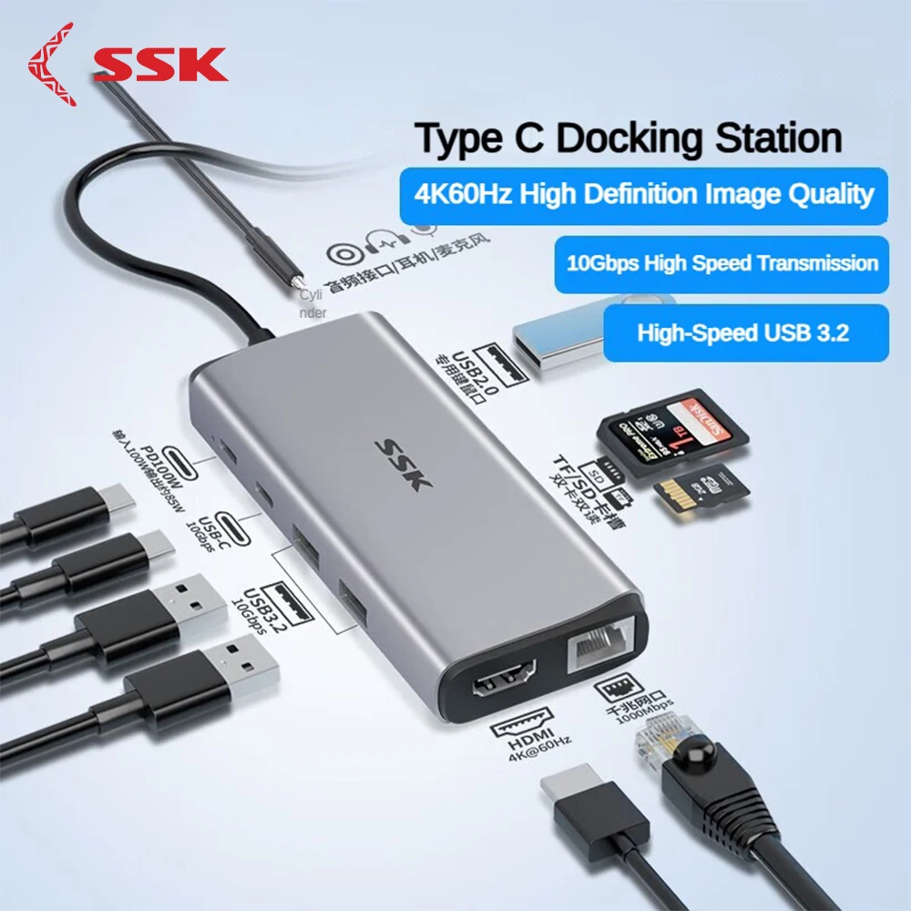 SSK USB C HUB 10 in 1 USB Type C to HDMI 4K USB 3.2  PD 3.0 TF/SD Card Full Function HUB for MacBook/Pro/Air iPad Pro USB C HUB