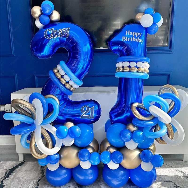 99pcs Dark Blue Number Balloon Column With Blue White Gold Latex Balloon Adult Child Birthday Anniversary Party Decor Supplies