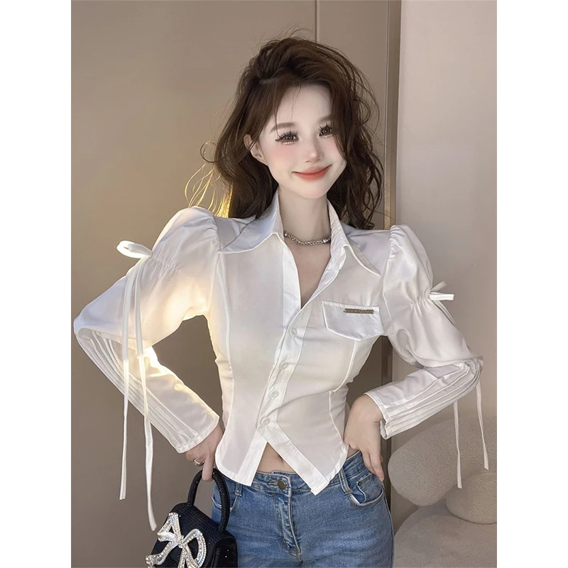 

Sexy Fashion Irregular Appear Thin Solid Color Polo Collar Long Sleeve Shirts Women Spring Summer Simplicity Office Lady Tops