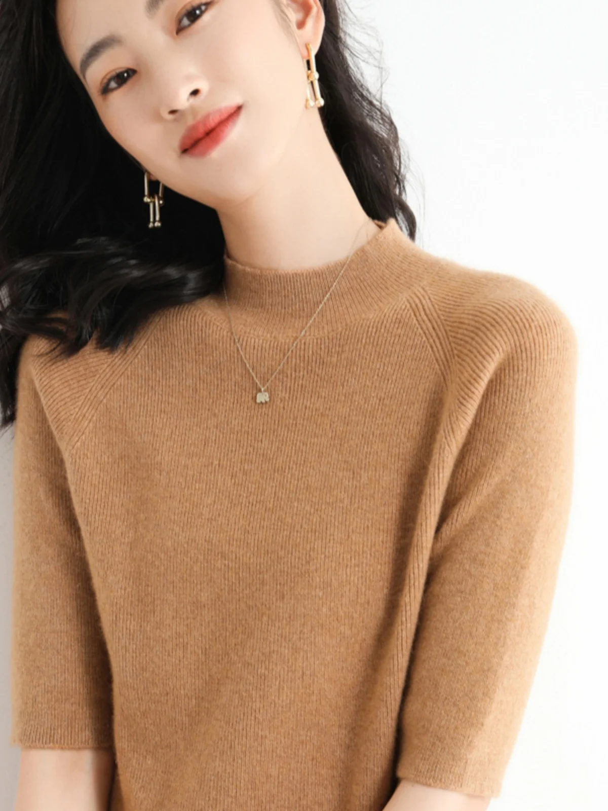 春の反季節ウールニットトップス レディース ラウンドネック スリムフィット カメレオン ファイブクォーター スリーブ ハイカラー