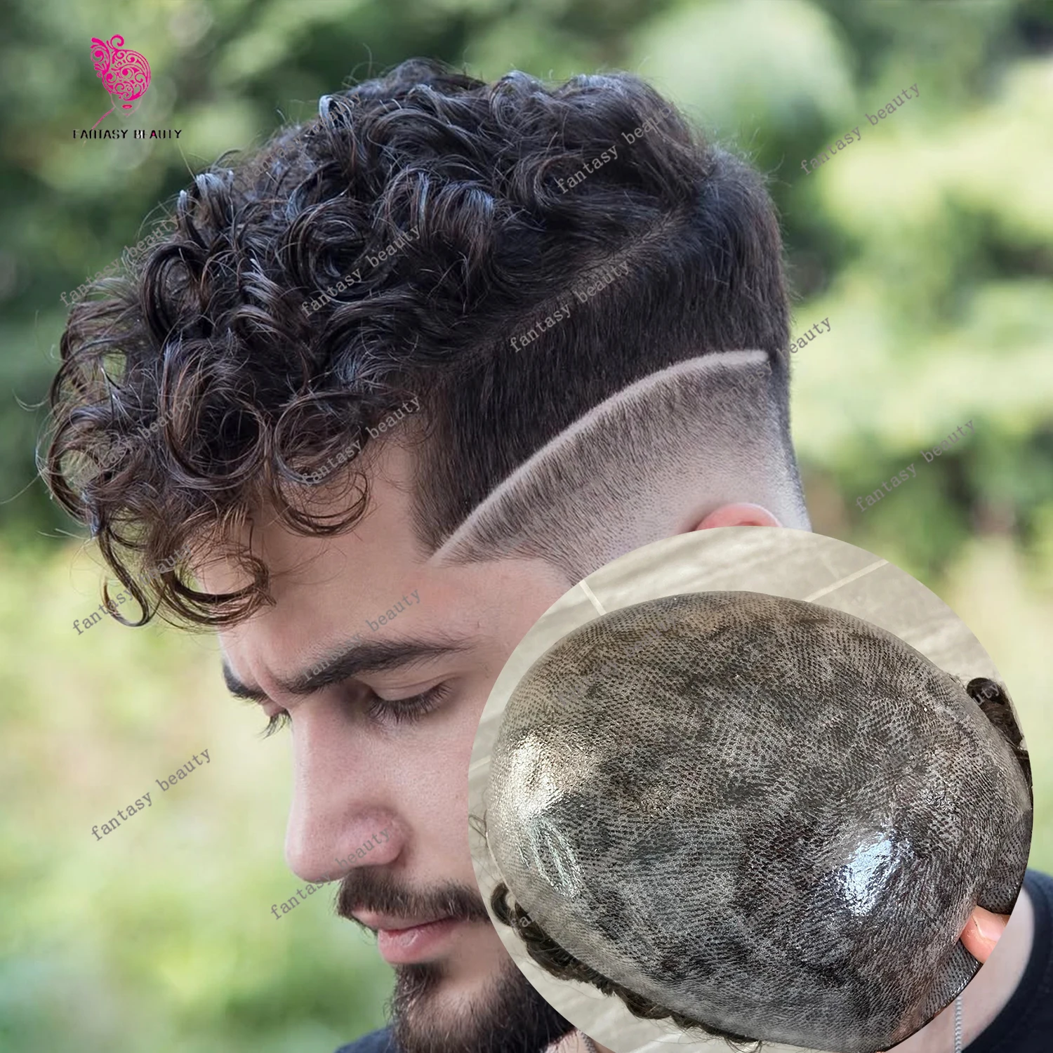 

Мужской вьющийся парик 24 мм, прочный, инъекционная кожа 0,1 мм, полный из искусственной кожи, мужской парик, темно-коричневый, черный, серый, система человеческих волос Remy, мужской протез