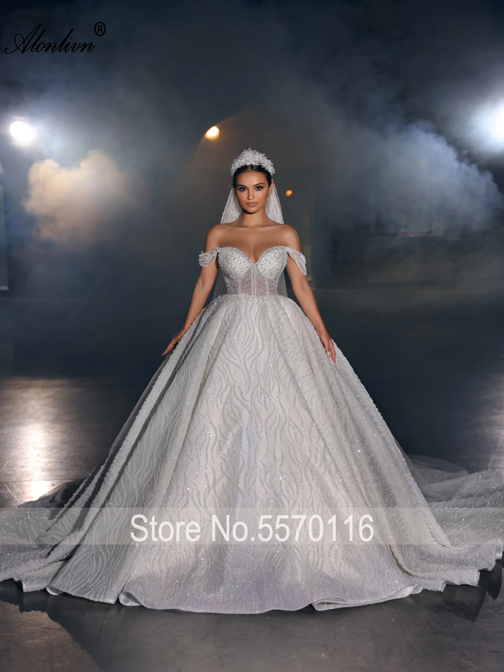 Alonlivn Exquisite Bling Lace Ball Gown Wedding Dress Beading Pearls Off The Shoulder Sweetheart Princess Bridal Skirts