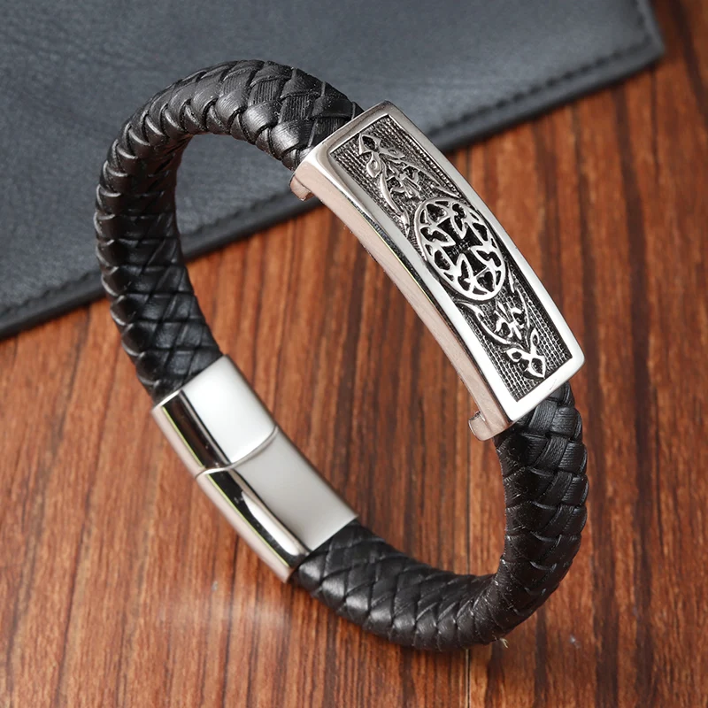 

Black Color Cross Pattern Alloy Buckle Genuine Leather Bracelet For Men Stainless Steel Fine Jewelry Sculpture Bracelet