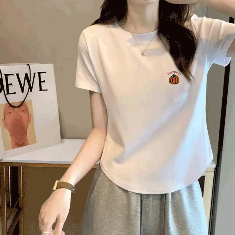 スレッドコットン半袖Tシャツレディースピュアディザイアウィンドスパイスガールショートサマースリムフィット多用途不規則なアークトップ