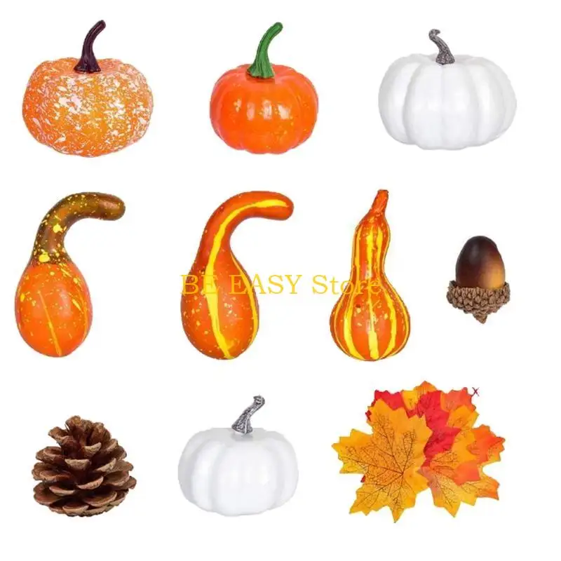 E28F Artificial Pumpkins Maple Leaves Pine Cones Acorns Set Fake Pumpkin Vegetables - view 2