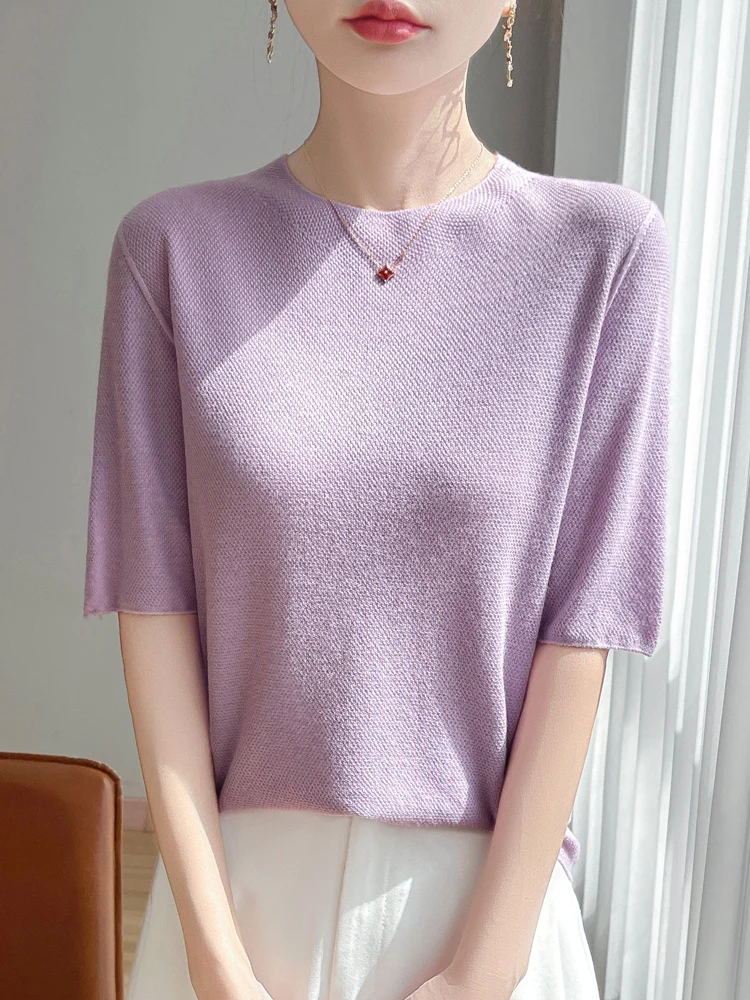 عادية الصيف النساء تي شيرت الحرير س الرقبة الصلبة الإناث بلوفر مغزول نصف كم رقيقة الملابس بلايز الأساسية تيز لينة ملابس خارجية