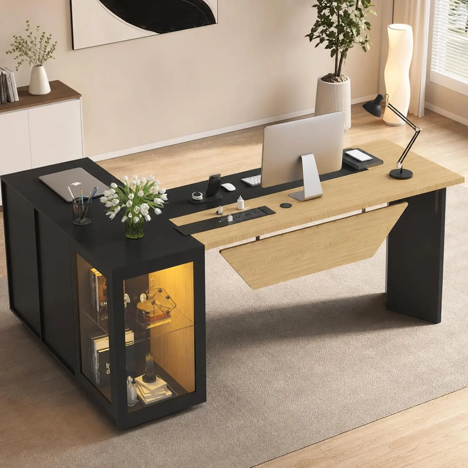 L-Shaped Executive Desk Large Office Workstation Black Light Wood 74.4
