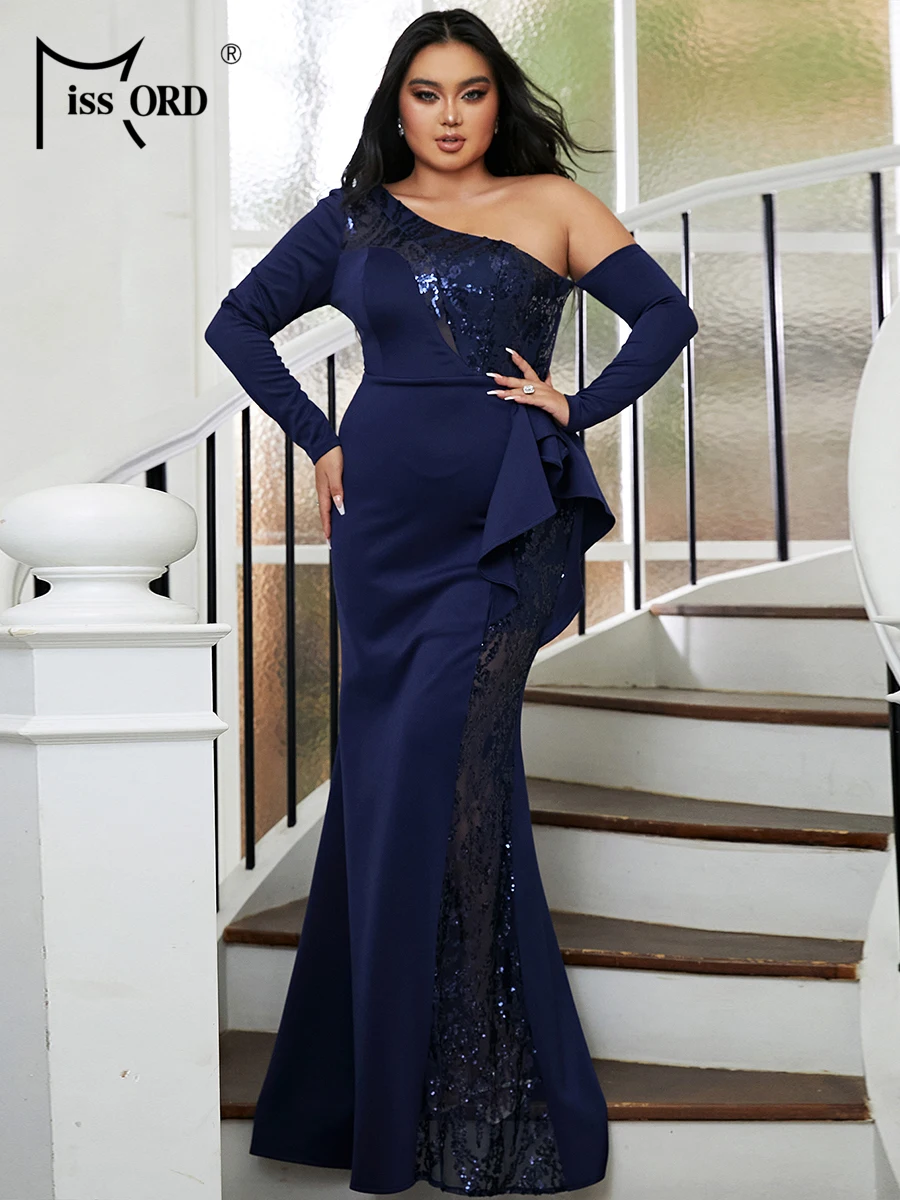 Missord Blue Plus Size Wedding Party Dress Elegant One Shoulder Long Sleeves Mesh Sequin Draped Bodycon Evening Prom Dresses