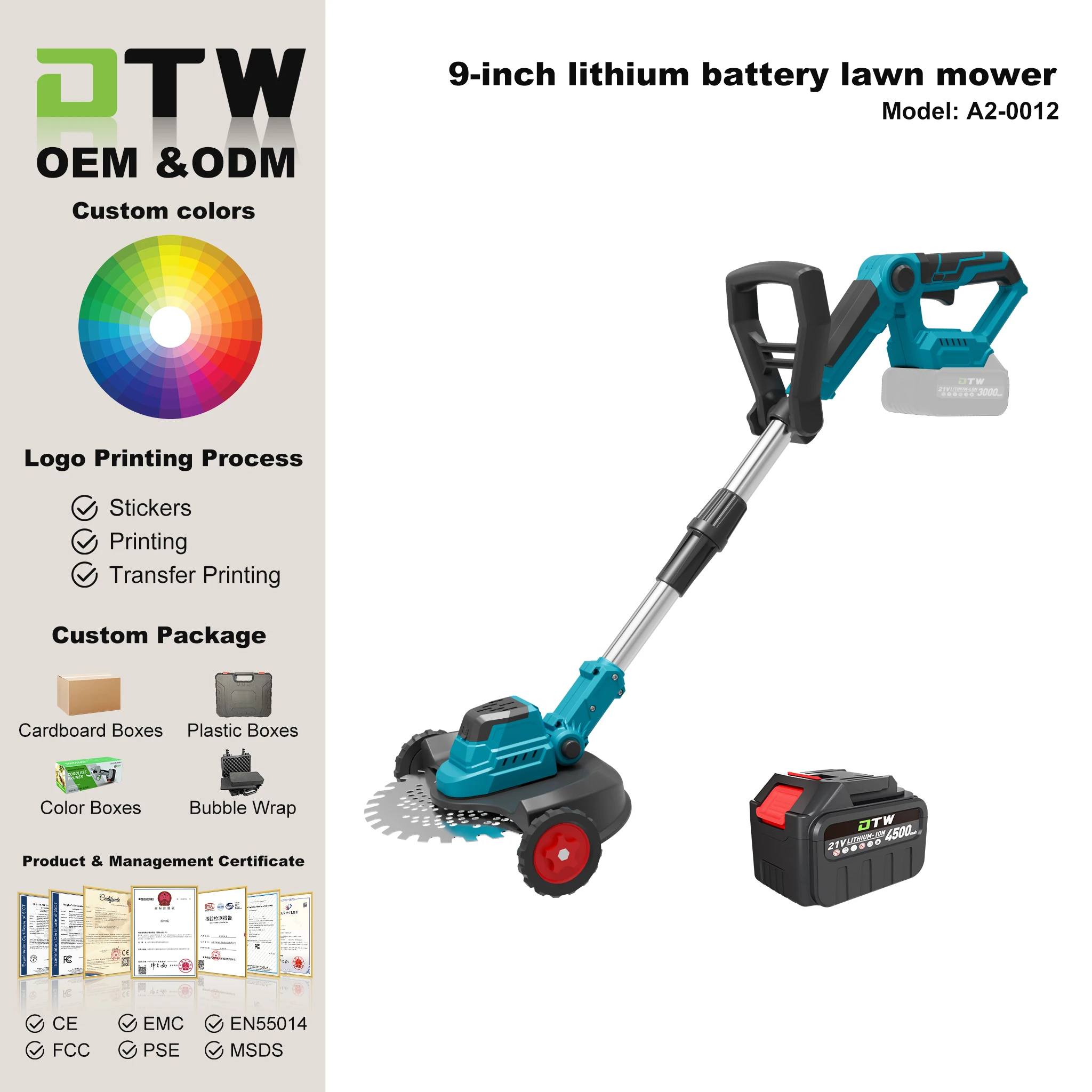 DTWA3-0012 Popular Cordless Weed Wacker Power Grass Trimmer Battery Powered Lawn Edger Adjustable Height Electric Mower