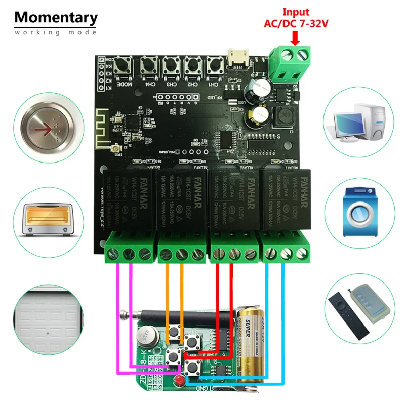 WiFi Relay Tuya Module 5-32V WiFi DIY Switch Dry Contact Output Inching/Selflock Working Modes APP/Voice/LAN Control Smart Home